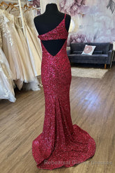Mermaid One Shoulder Burgundy Sequins Long Semi Formal Prom Dress with Split Front